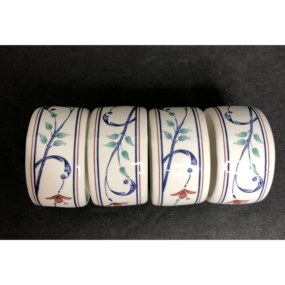 4 Mikasa Annette Napkin Rings Holders Red Blue Floral Intaglio CAC20